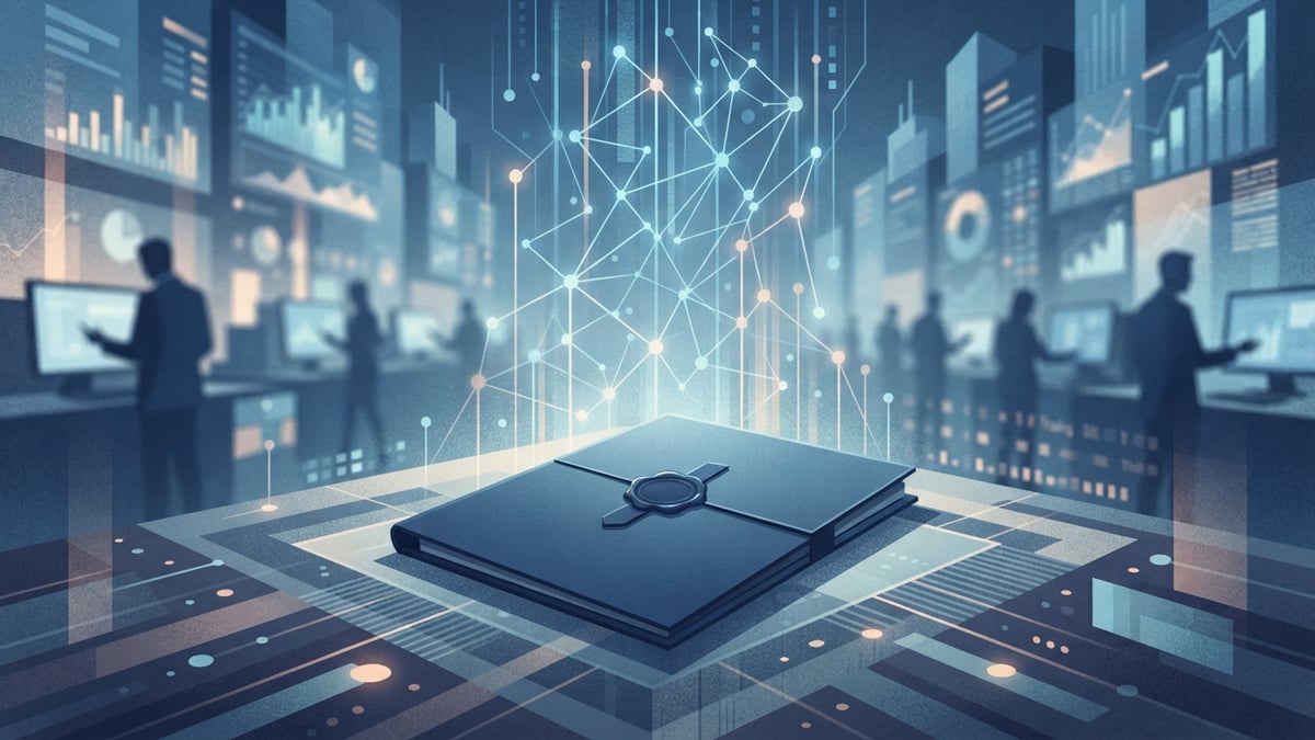 Illustration d’un dossier de prospectus scellé à côté d’une salle des marchés, avec des lignes lumineuses de réseau neuronal.