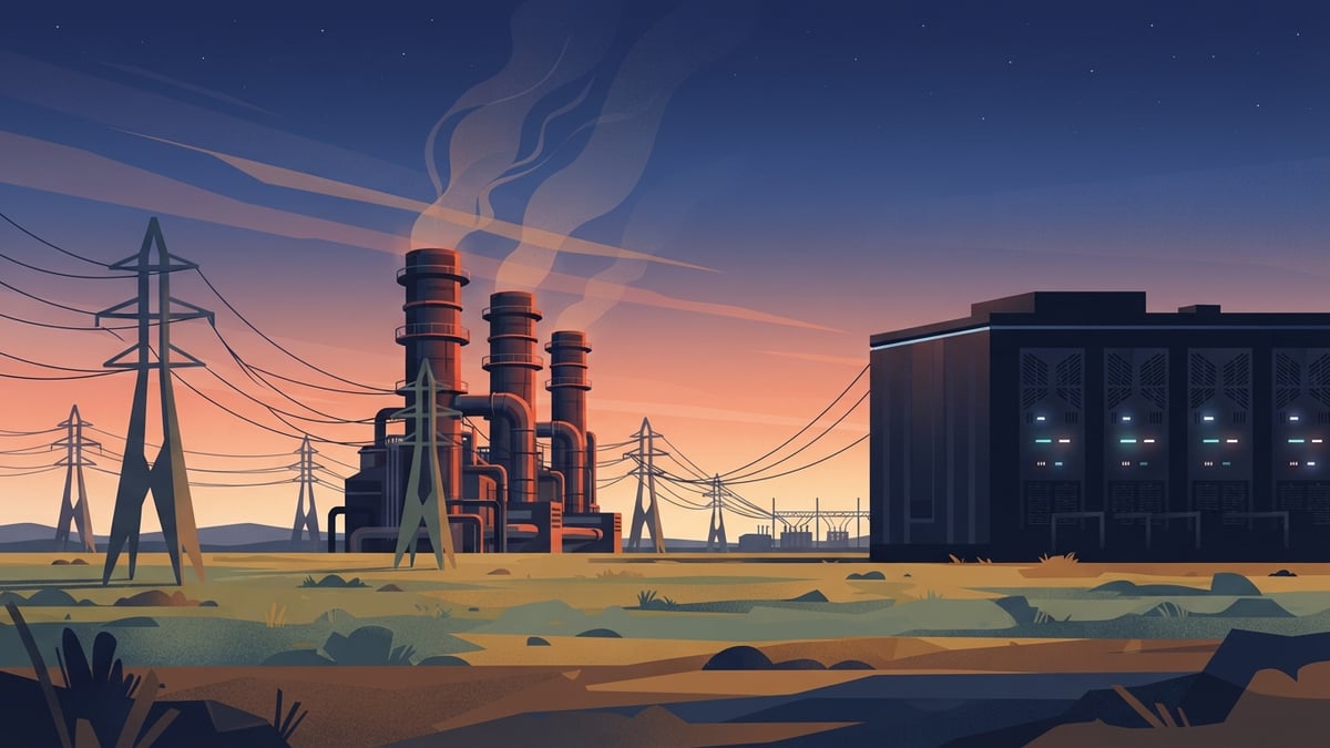 Cheminées de turbines à gaz et centre de données au crépuscule près de lignes électriques