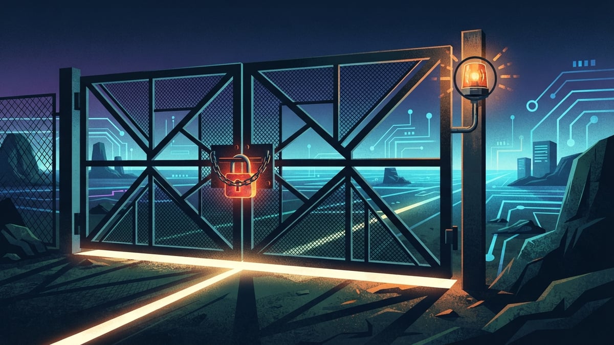 Portail verrouillé à la limite d'un réseau, avec une lumière qui filtre sous la porte