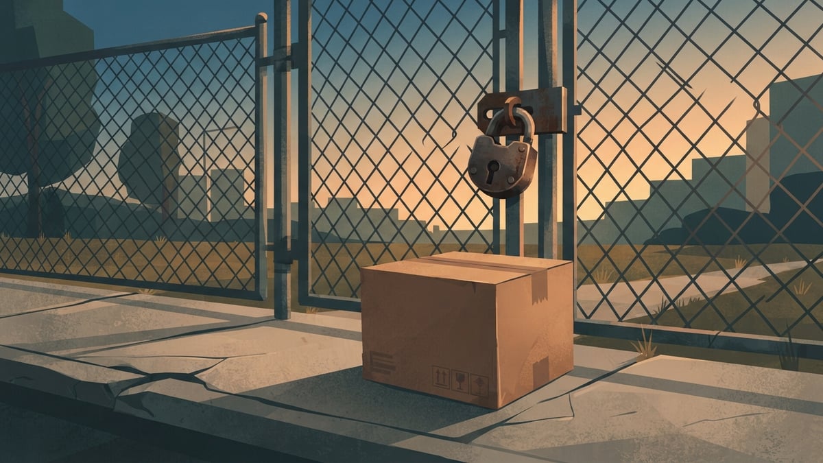 Illustration d’une boîte de déménagement près d’une clôture cadenassée