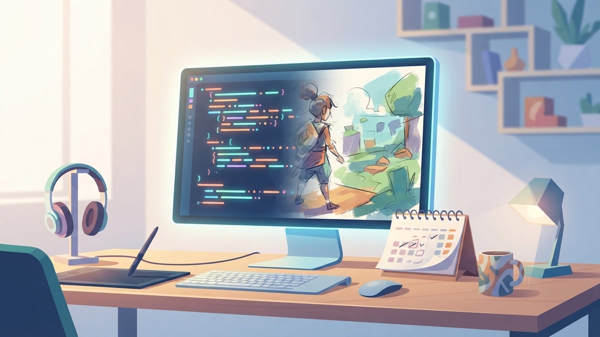 Bureau de développeur avec un écran affichant du code et des croquis, et un calendrier