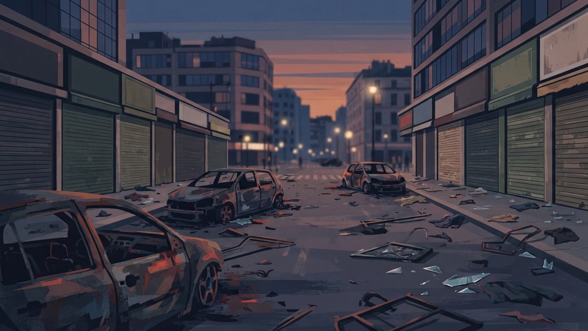 Voitures calcinées et débris sur un grand boulevard urbain au crépuscule, rideaux de commerces baissés.