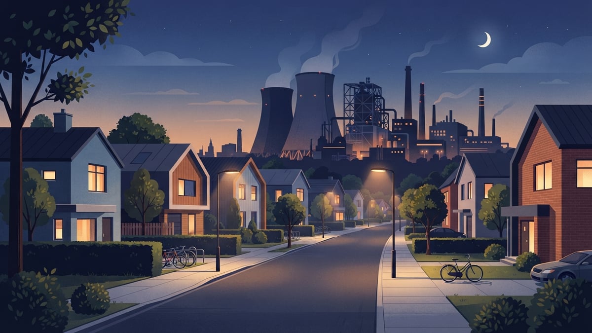 Maisons de banlieue au crépuscule avec de grandes structures industrielles au loin.