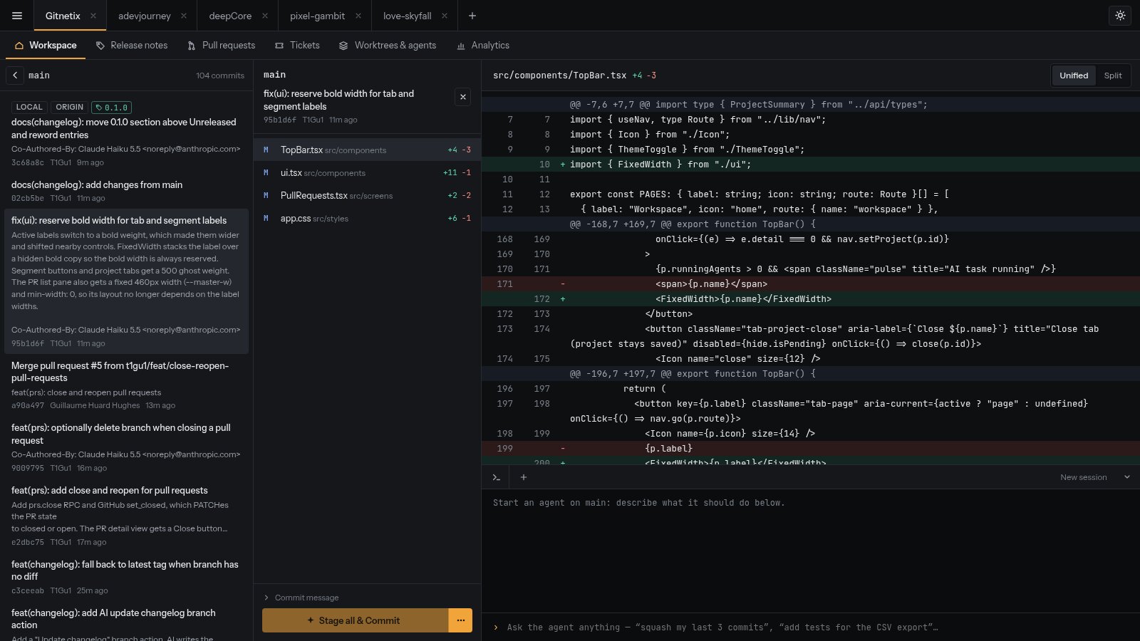 Gitnetix’s workspace: the commit list on main, a commit’s files and its diff, with the agent panel below.
